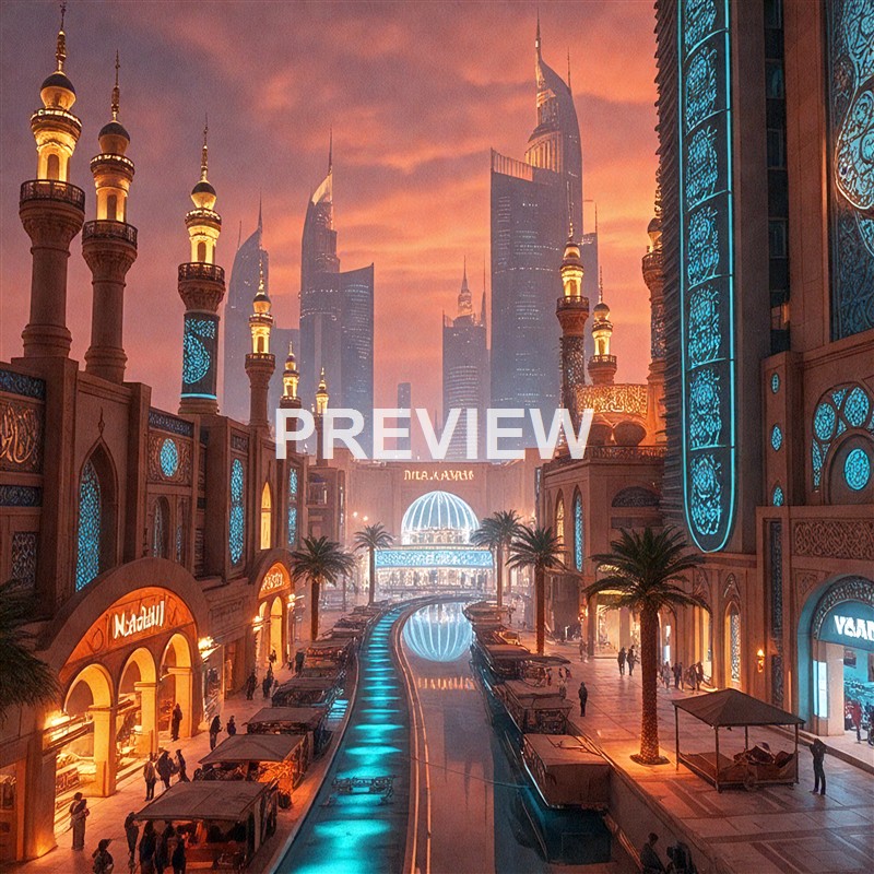 The image depicts a futuristic cityscape with tall, modern skyscrapers in the background, a bustling street lined with palm trees, illuminated shops, and a central water feature with a glowing dome, all under a vibrant, colorful sky.